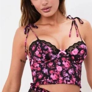 New! For Love And Lemons Black Pink Floral Farrah Bustier 10070